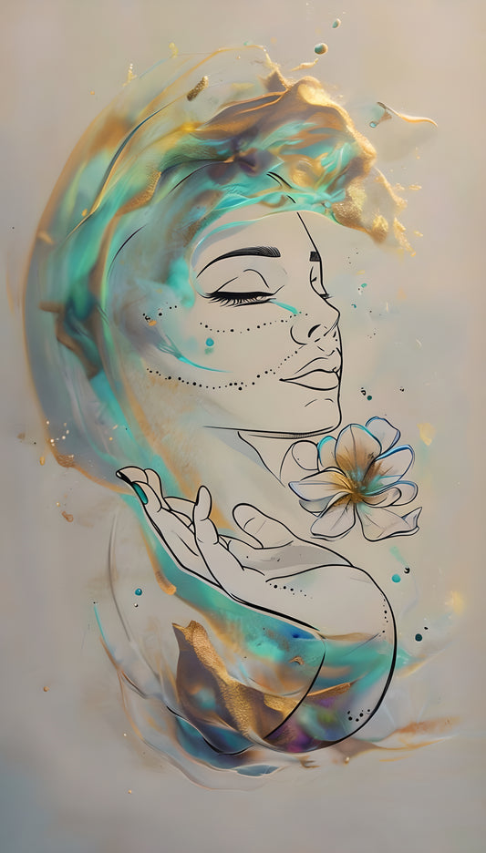 Soul in Bloom – Abstract Line Art Woman with Flower | Gold & Aqua Minimalist Digital Download Wall Art