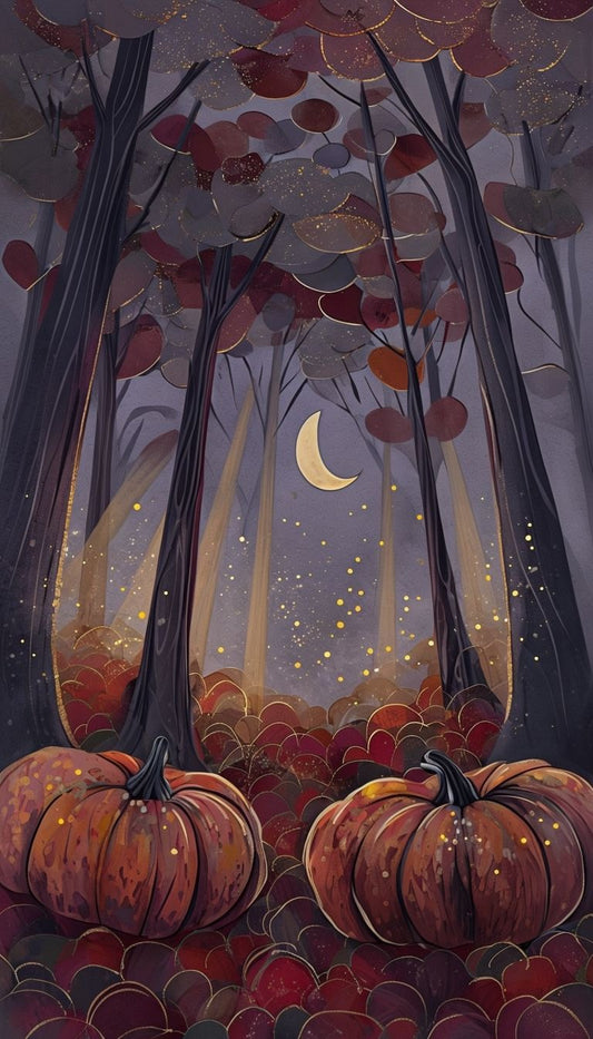 Enchanted Autumn Forest Art| Pumpkin Print | Halloween Wall Art| Seasonal Art | Pumpkin Moonlight Illustration | Digital Download ( ON SALE | LIMITED TIME)