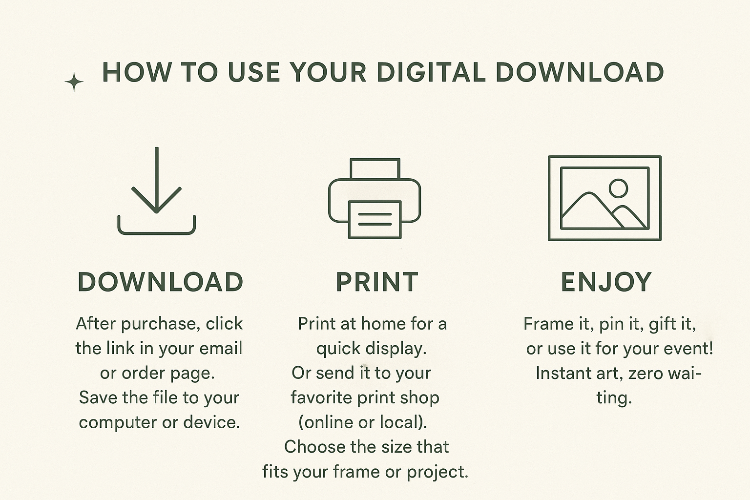 Instructions on how to use a digital download with icons for download, print, and enjoy.