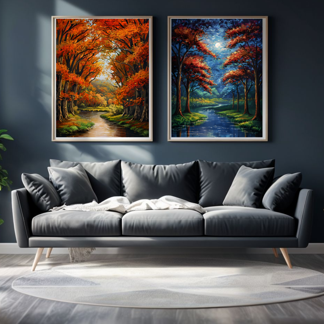 Gray sofa with two framed landscape paintings on a dark wall, forest, starry night, autumn, enchanted forest, moonlight, moonlit, trees, collection