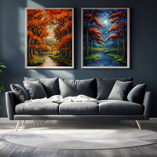 Gray sofa with two framed landscape paintings on a dark wall, forest, starry night, autumn, enchanted forest, moonlight, moonlit, trees, collection