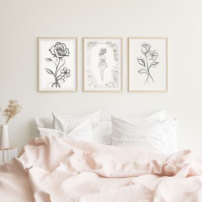 Minimalist Line Art | Rose & Bloom Printable Wall Art | Flower Goddess | Digital Download | Collection ( ON SALE )