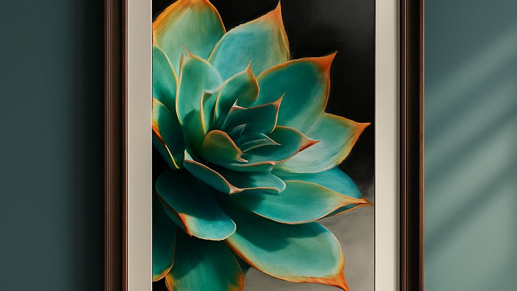 Framed succulent artwork on a wall with decorative items below, greenery, beautiful plant, succulent art, floral