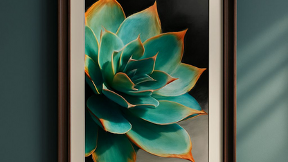 Framed succulent artwork on a wall with decorative items below, greenery, beautiful plant, succulent art, floral