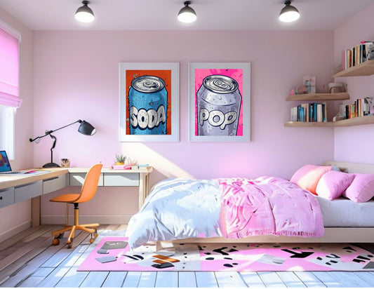Modern bedroom with pink walls, a bed, desk, and colorful decor, my little soda pop, girls room, cartoon art, soda art, modern art, simplistic 