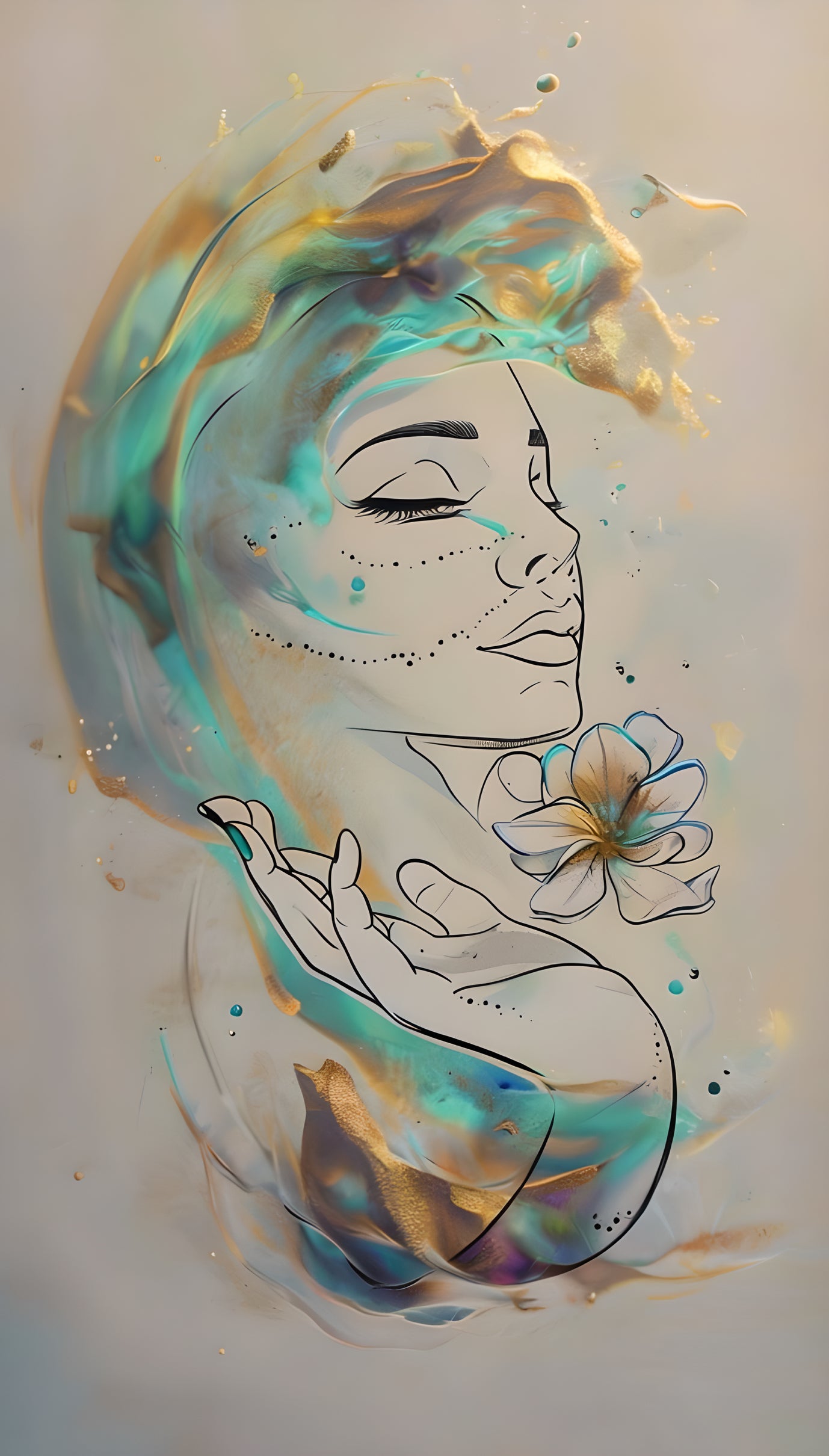 Soul in Bloom – Abstract Line Art Woman with Flower | Gold & Aqua Minimalist Digital Download Wall Art