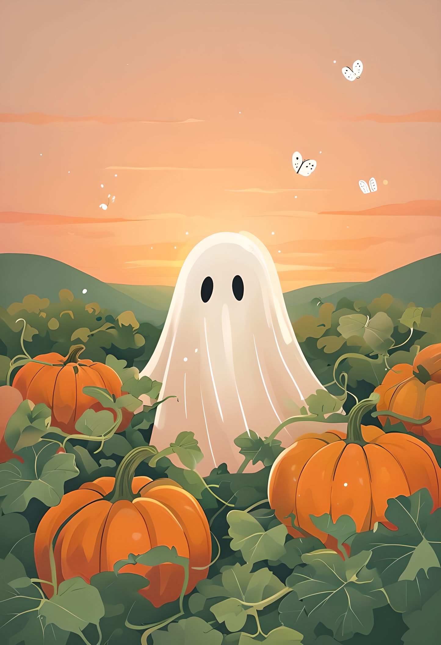 Whimsical ghost in pumpkin patch - Halloween Digital Wall Art ( ON SALE| LIMITED TIME)