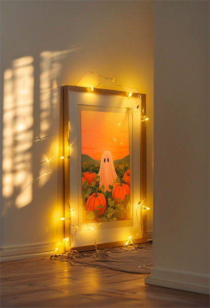 Whimsical ghost in pumpkin patch - Halloween Digital Wall Art ( ON SALE| LIMITED TIME)