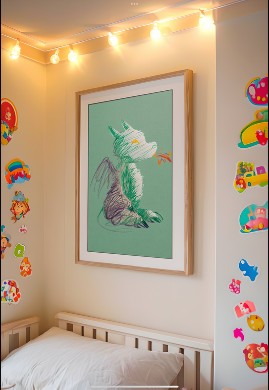 Baby Dragon Digital Art Print – Kids Room Wall Decor | Fantasy Nursery Printable Art | Green Fire-Breathing Dragon Poster Download