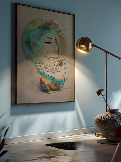 Soul in Bloom – Abstract Line Art Woman with Flower | Gold & Aqua Minimalist Digital Download Wall Art