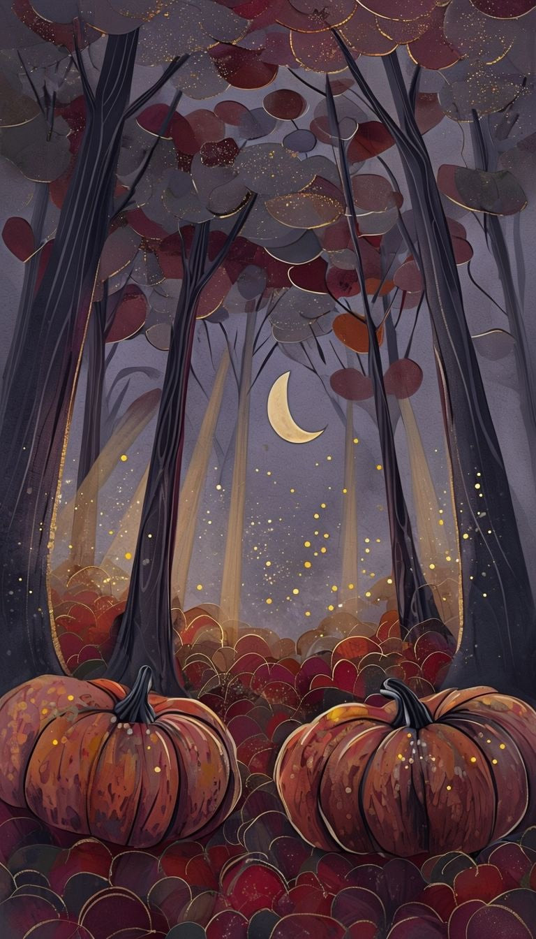 Enchanted Autumn Forest Art| Pumpkin Print | Halloween Wall Art| Seasonal Art | Pumpkin Moonlight Illustration | Digital Download ( ON SALE | LIMITED TIME)