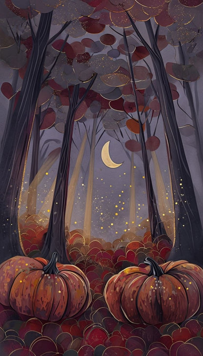 Enchanted Autumn Forest Art| Pumpkin Print | Halloween Wall Art| Seasonal Art | Pumpkin Moonlight Illustration | Digital Download ( ON SALE | LIMITED TIME)