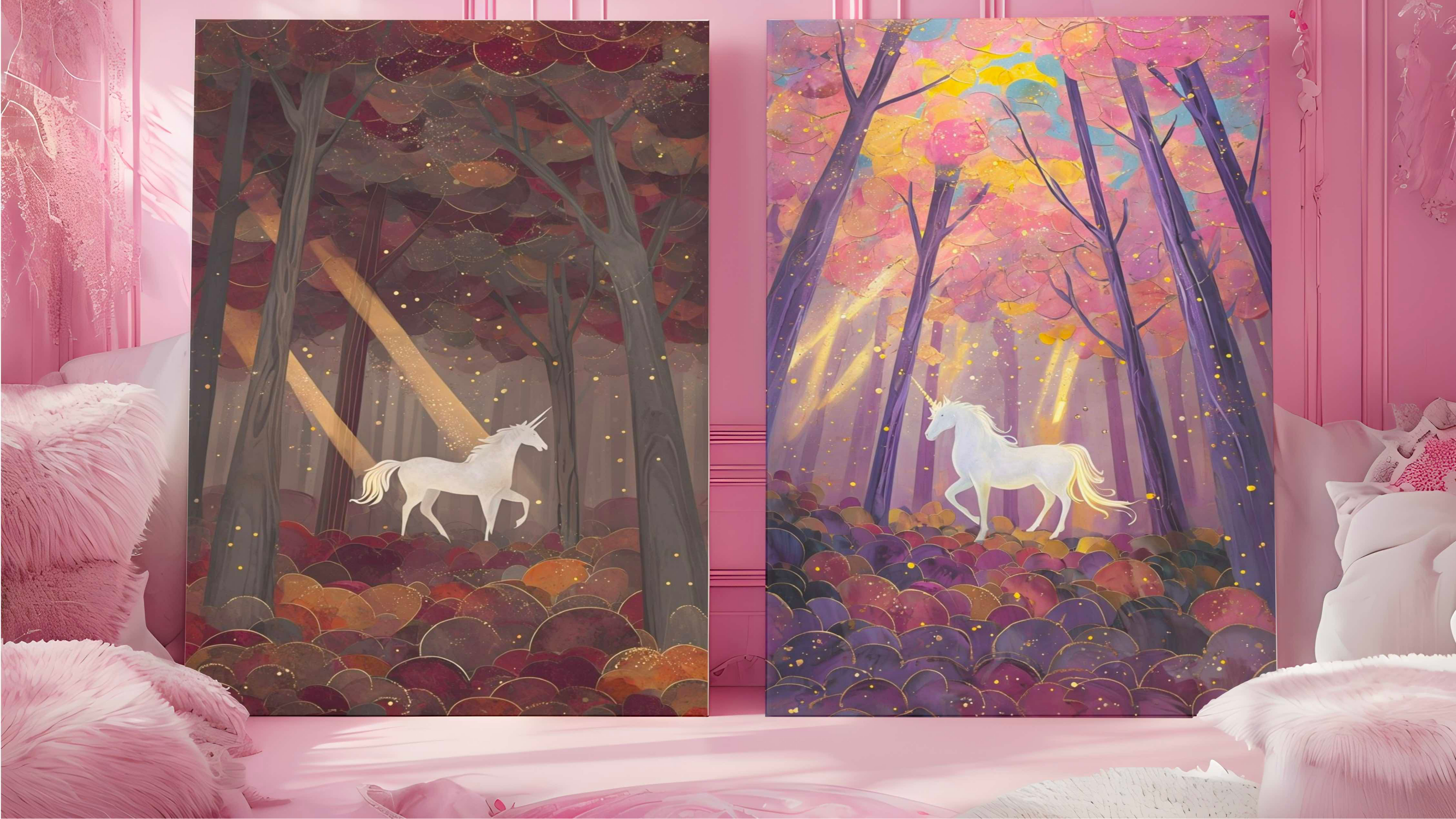 Unicorn, Pink, Fantasy, digital download, forest art, mythical art