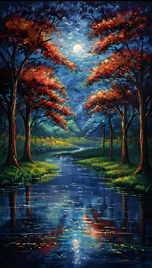 Moonlit Forest Reflections | Beautiful Tree Art | Starry Night Print | Enchanted Nature Wall Art | Digital Wall Art ( ON SALE | LIMITED TIME )