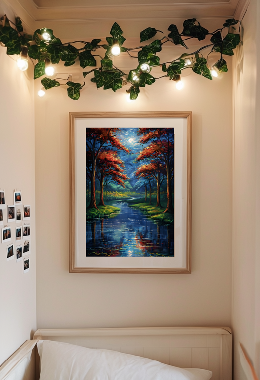 Moonlit Forest Reflections | Beautiful Tree Art | Starry Night Print | Enchanted Nature Wall Art | Digital Wall Art ( ON SALE | LIMITED TIME )